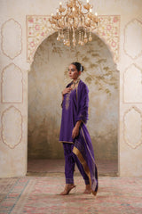 Noorani: Purple Short Embroidered Kurta with Pants & Dupatta