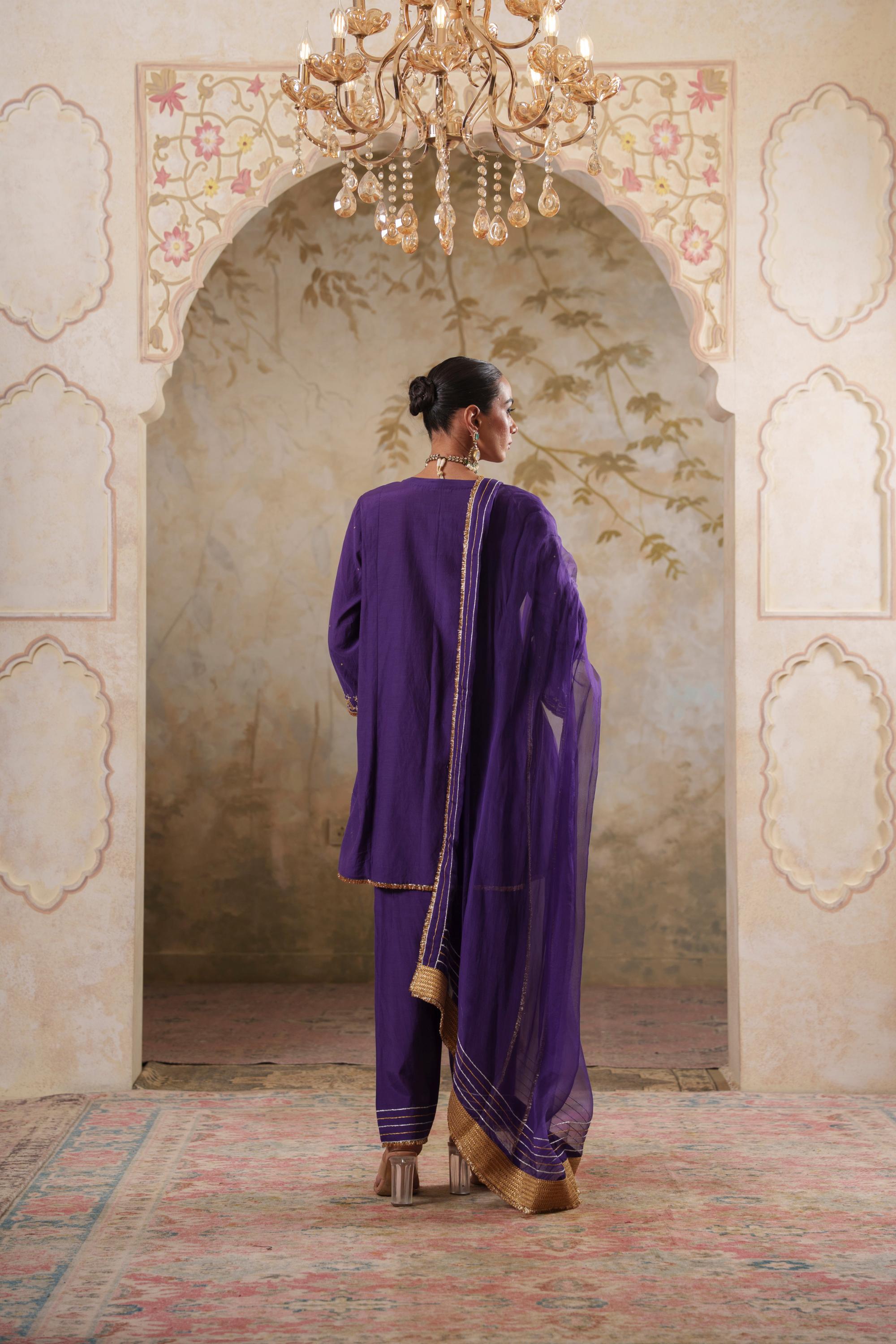 Noorani: Purple Short Embroidered Kurta with Pants & Dupatta