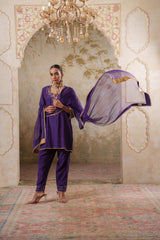 Noorani: Purple Short Embroidered Kurta with Pants & Dupatta