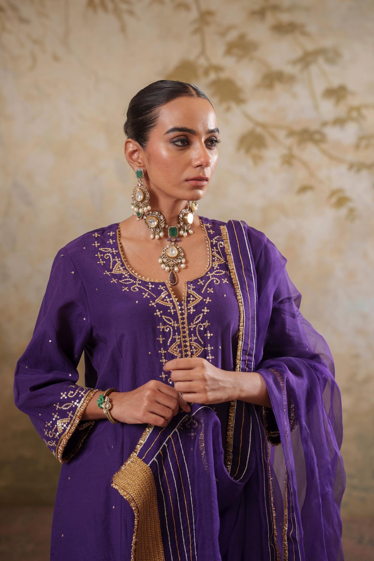 Noorani: Purple Short Embroidered Kurta with Pants & Dupatta