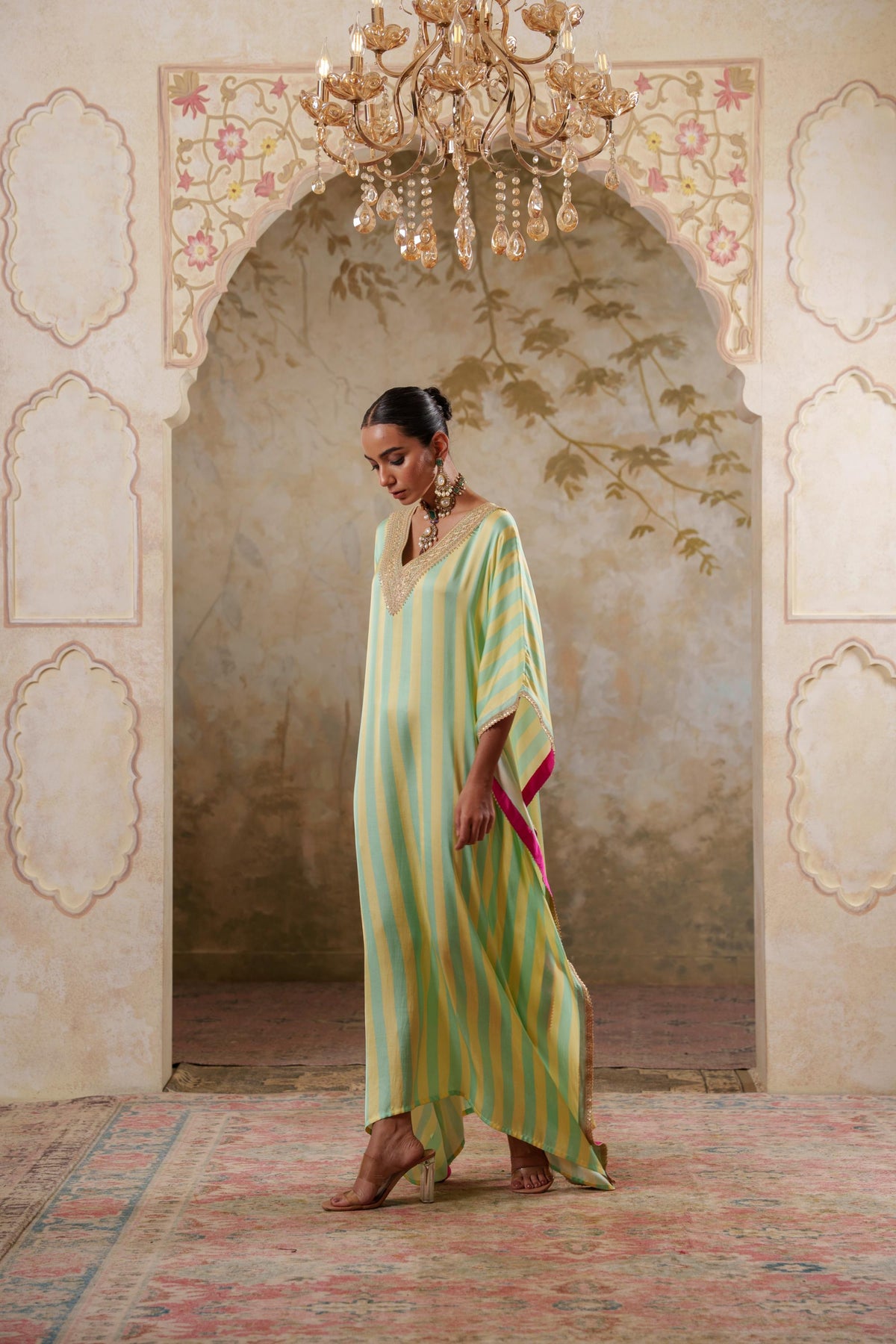 Maya: Lime Yellow Striped Kaftaan