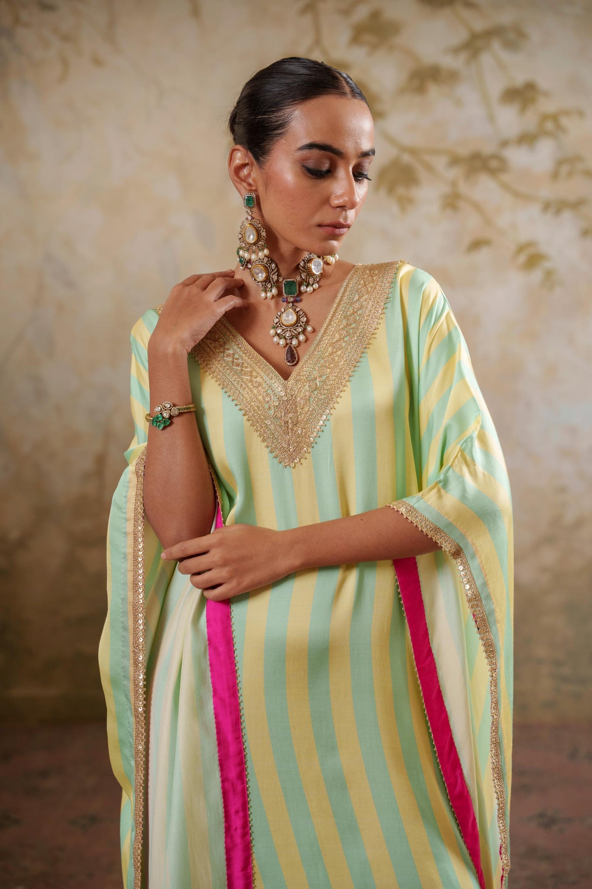 Maya: Lime Yellow Striped Kaftaan