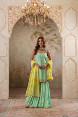Maya: Aqua Strappy Short Kurta with Sharara & Dupatta