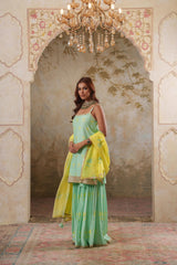 Maya: Aqua Strappy Short Kurta with Sharara & Dupatta