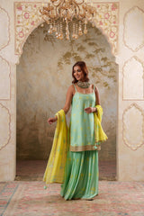Maya: Aqua Strappy Short Kurta with Sharara & Dupatta