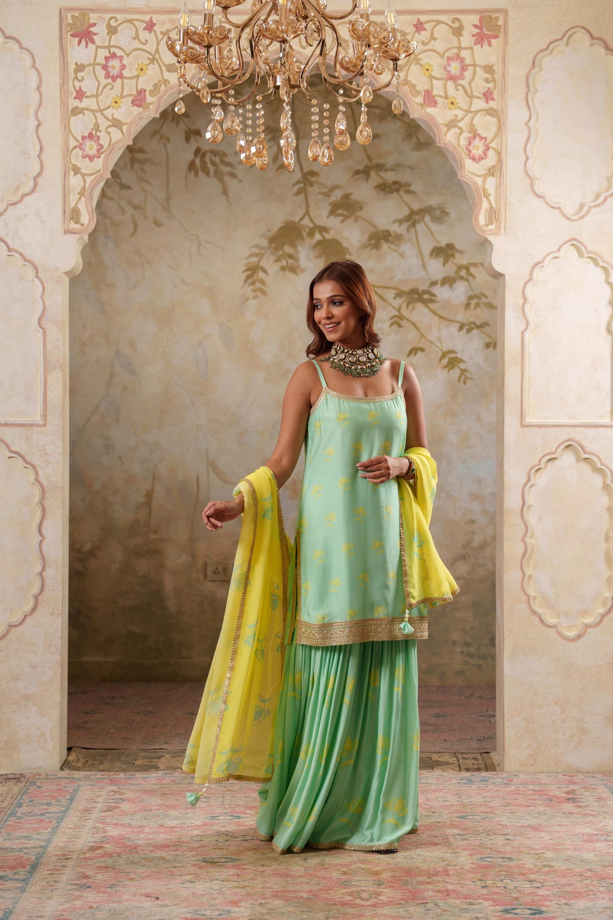 Maya: Aqua Strappy Short Kurta with Sharara & Dupatta