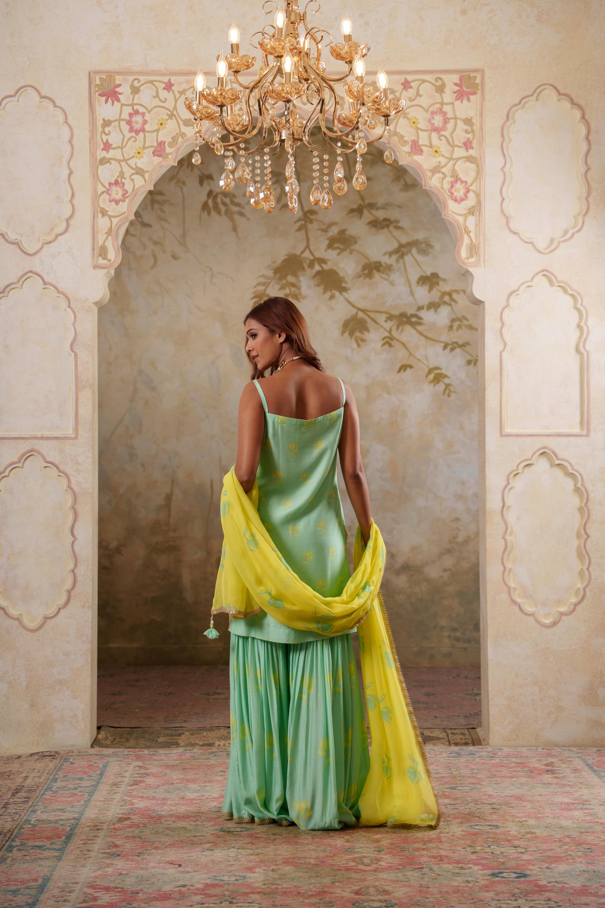 Maya: Aqua Strappy Short Kurta with Sharara & Dupatta