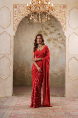 Maya: Red Digital Printed Hand Embroidred Saree with Unstiched Blouse Piece