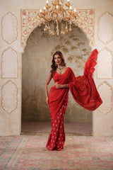 Maya: Red Digital Printed Hand Embroidred Saree with Unstiched Blouse Piece