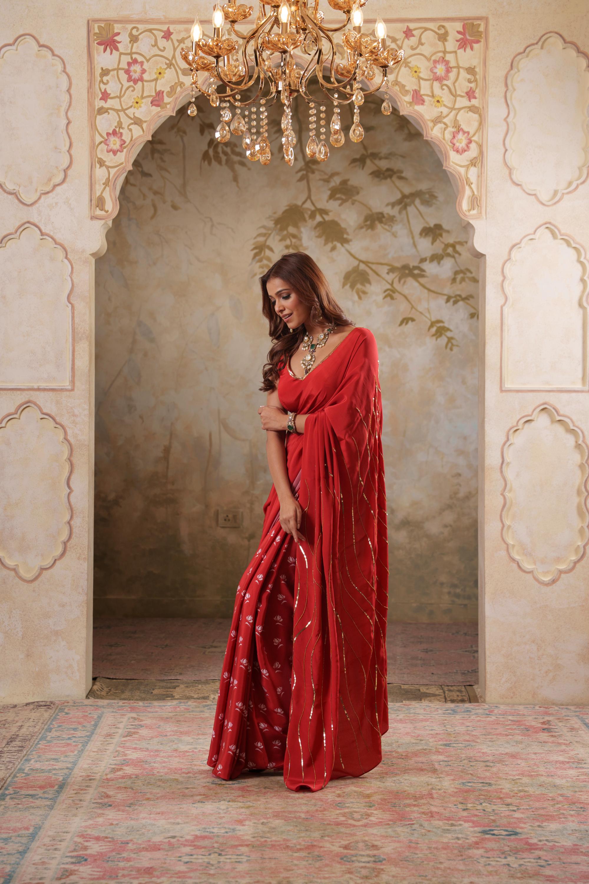 Maya: Red Digital Printed Hand Embroidred Saree with Unstiched Blouse Piece