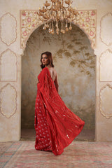 Maya: Red Digital Printed Hand Embroidred Saree with Unstiched Blouse Piece