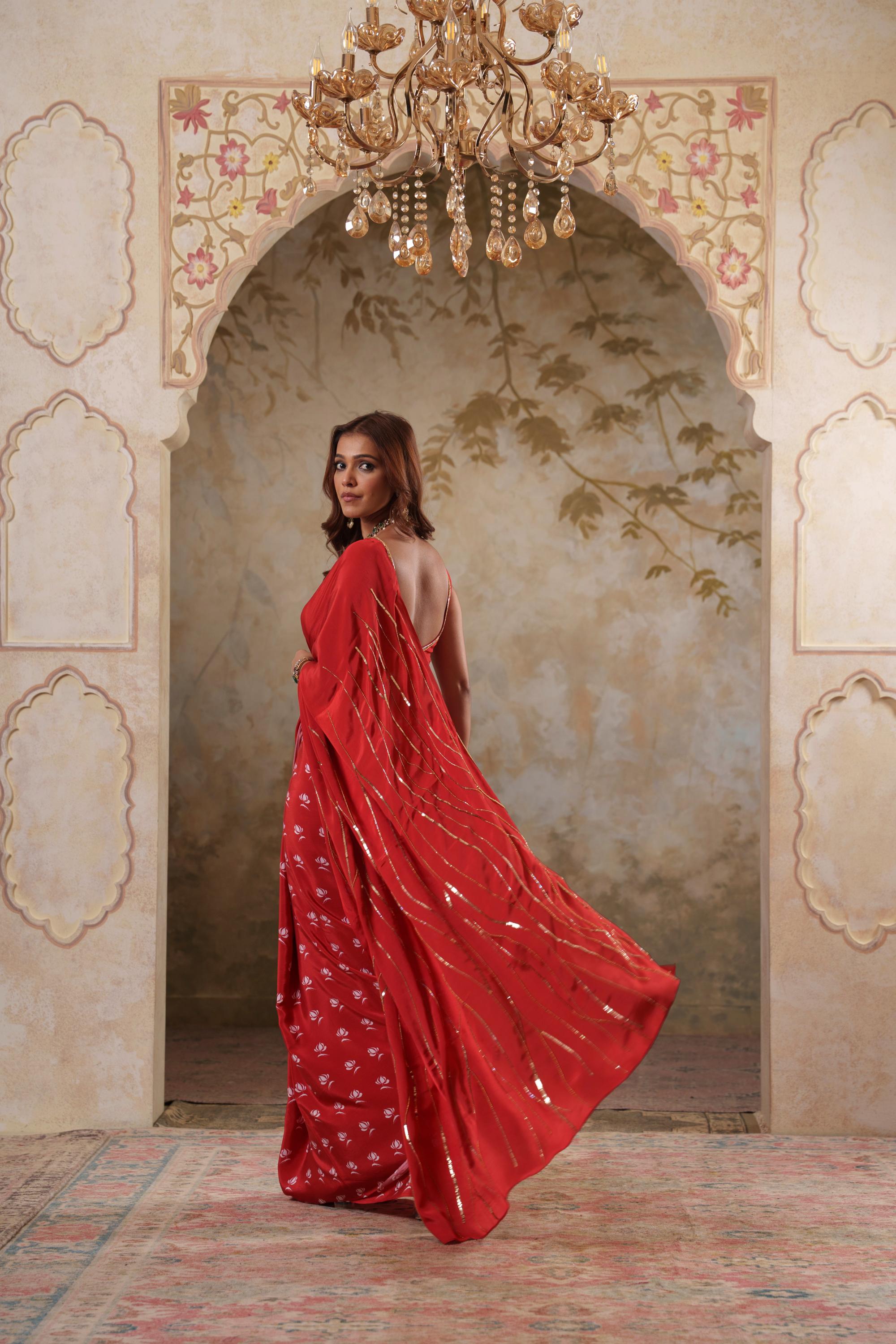 Maya: Red Digital Printed Hand Embroidred Saree with Unstiched Blouse Piece