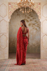 Maya: Red Digital Printed Hand Embroidred Saree with Unstiched Blouse Piece