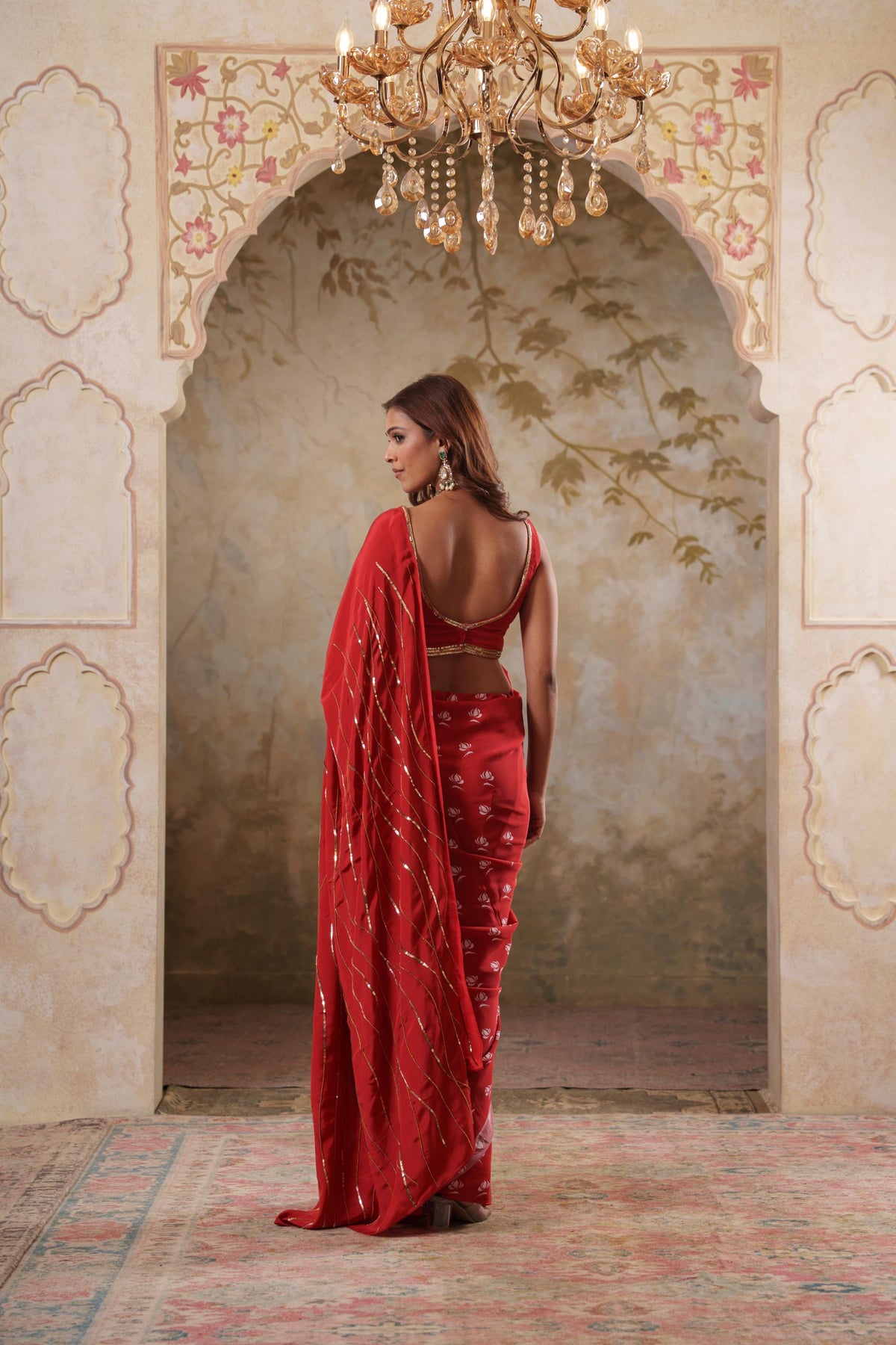 Maya: Red Digital Printed Hand Embroidred Saree with Unstiched Blouse Piece