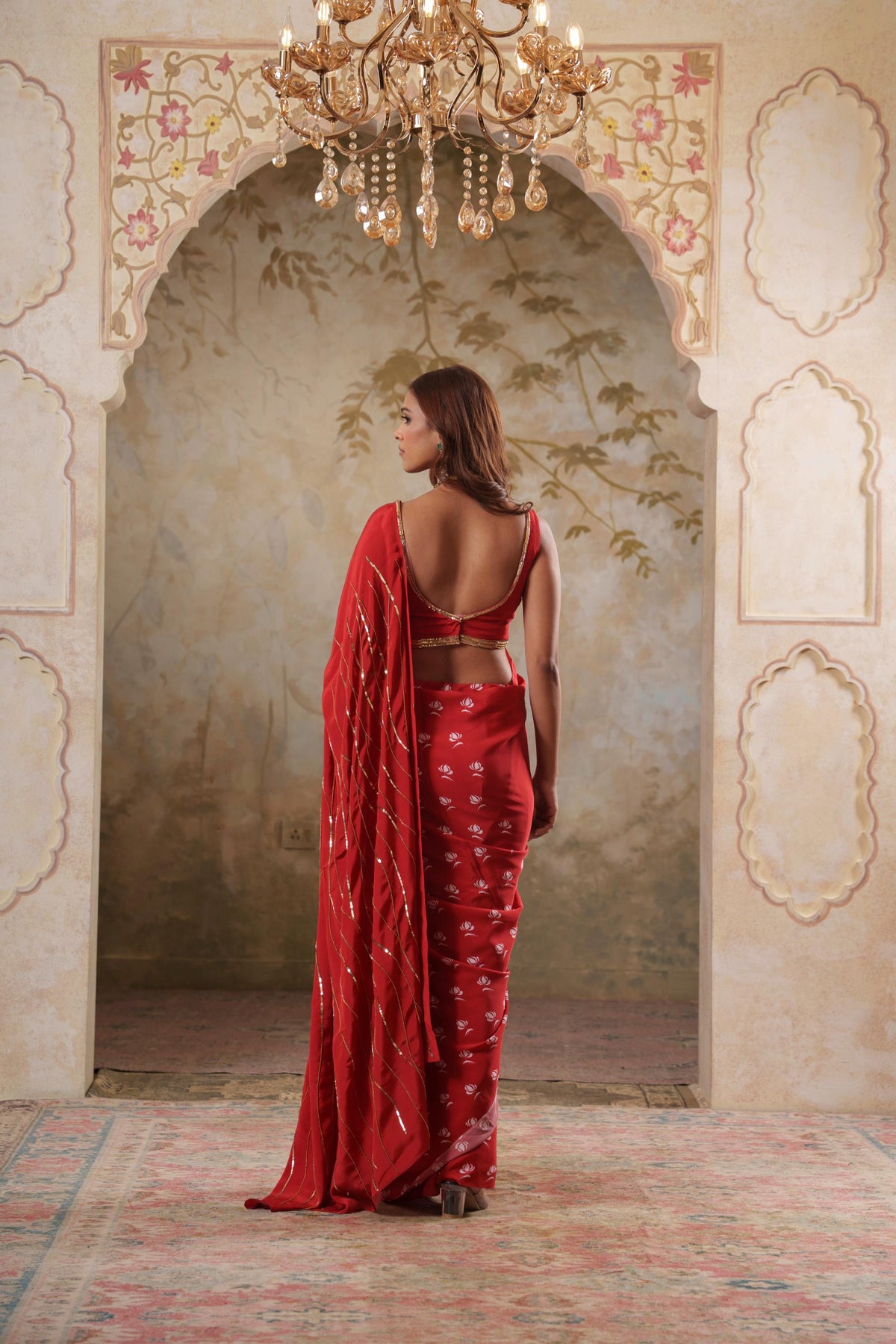 Maya: Red Digital Printed Hand Embroidred Saree with Unstiched Blouse Piece