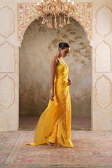 Maya: Yellow Digital Printed Hand Embroidred Saree with Unstiched Blouse Piece