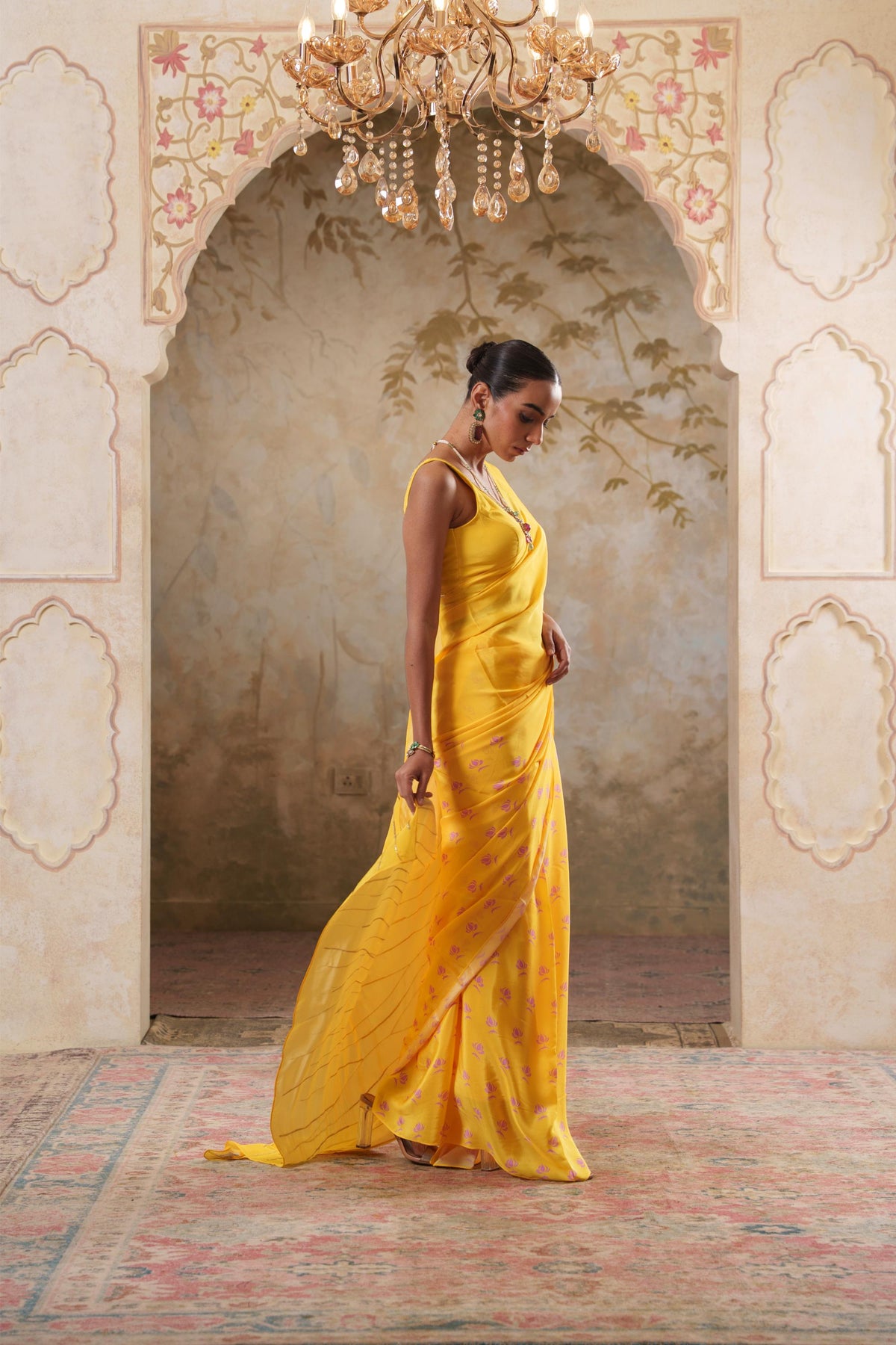 Maya: Yellow Digital Printed Hand Embroidred Saree with Unstiched Blouse Piece