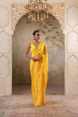 Maya: Yellow Digital Printed Hand Embroidred Saree with Unstiched Blouse Piece