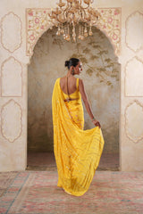 Maya: Yellow Digital Printed Hand Embroidred Saree with Unstiched Blouse Piece