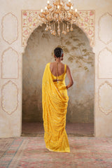 Maya: Yellow Digital Printed Hand Embroidred Saree with Unstiched Blouse Piece