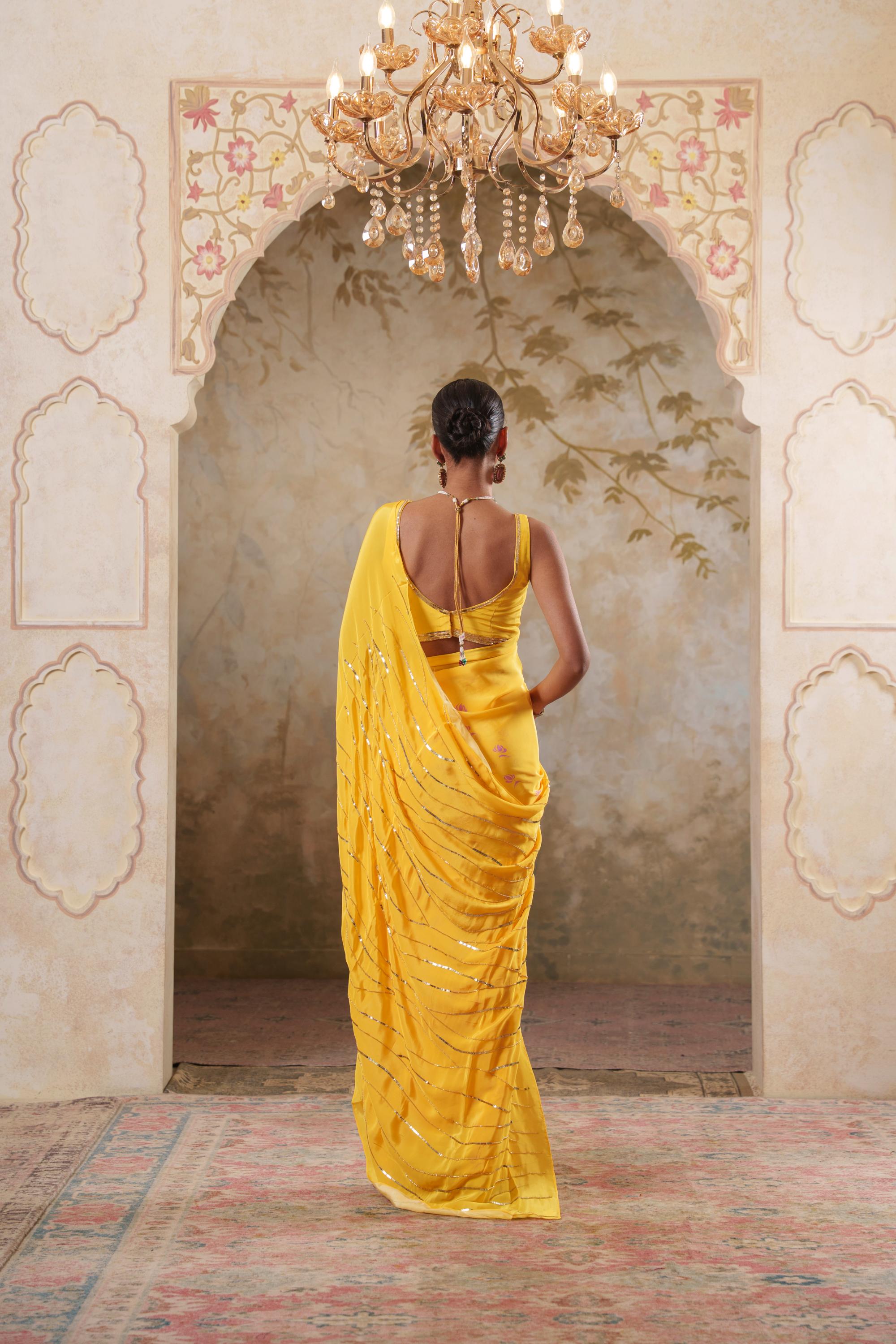 Maya: Yellow Digital Printed Hand Embroidred Saree with Unstiched Blouse Piece