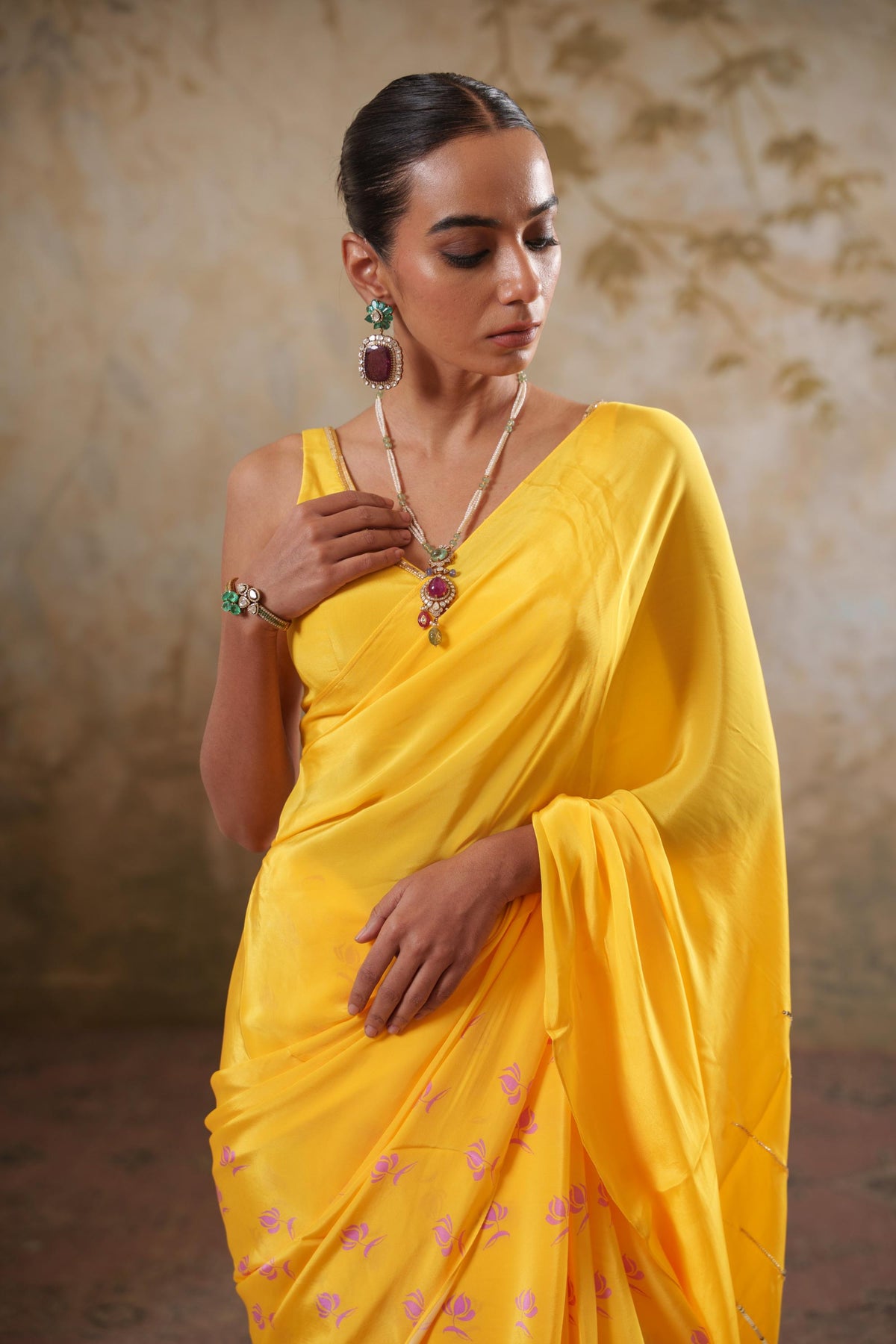 Maya: Yellow Digital Printed Hand Embroidred Saree with Unstiched Blouse Piece