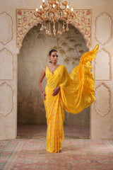 Maya: Yellow Digital Printed Hand Embroidred Saree with Unstiched Blouse Piece