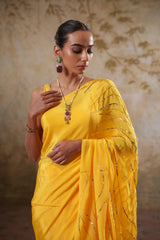 Maya: Yellow Digital Printed Hand Embroidred Saree with Unstiched Blouse Piece
