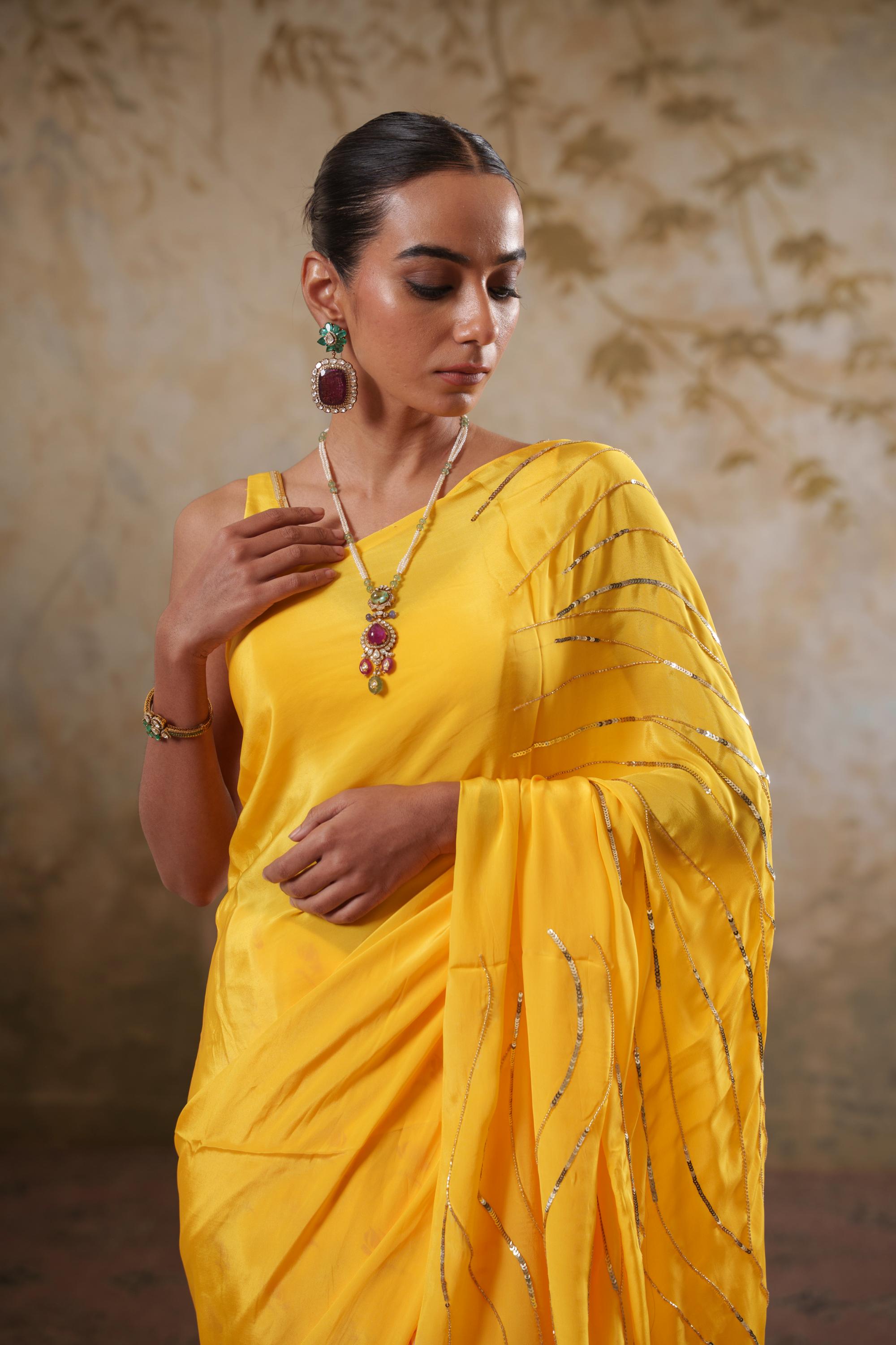 Maya: Yellow Digital Printed Hand Embroidred Saree with Unstiched Blouse Piece