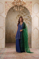 Maya: Blue Short Kurta with Sharara & Dupatta Set