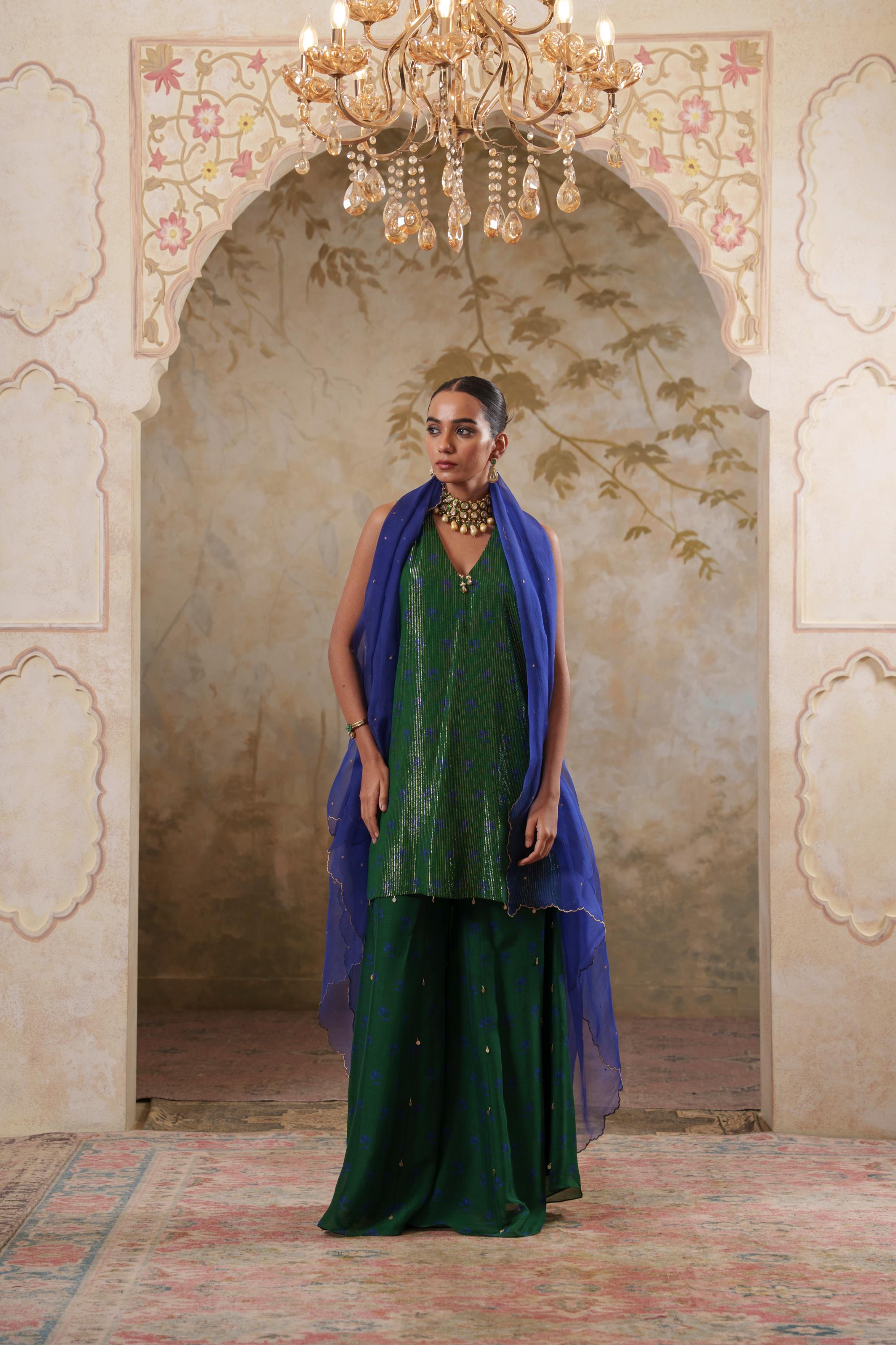 Maya: Green Short Kurta with Sharara & Dupatta Set