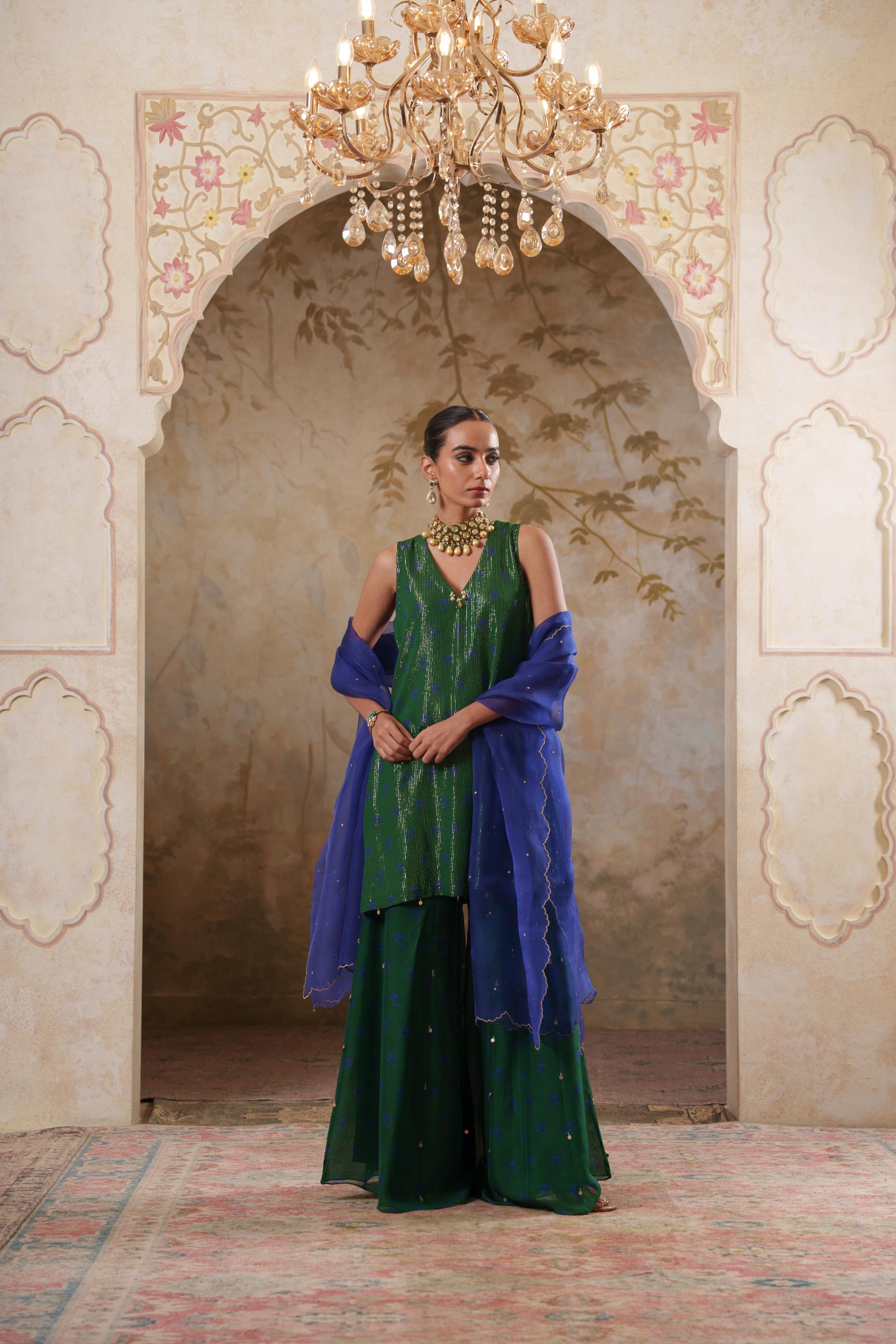 Maya: Green Short Kurta with Sharara & Dupatta Set