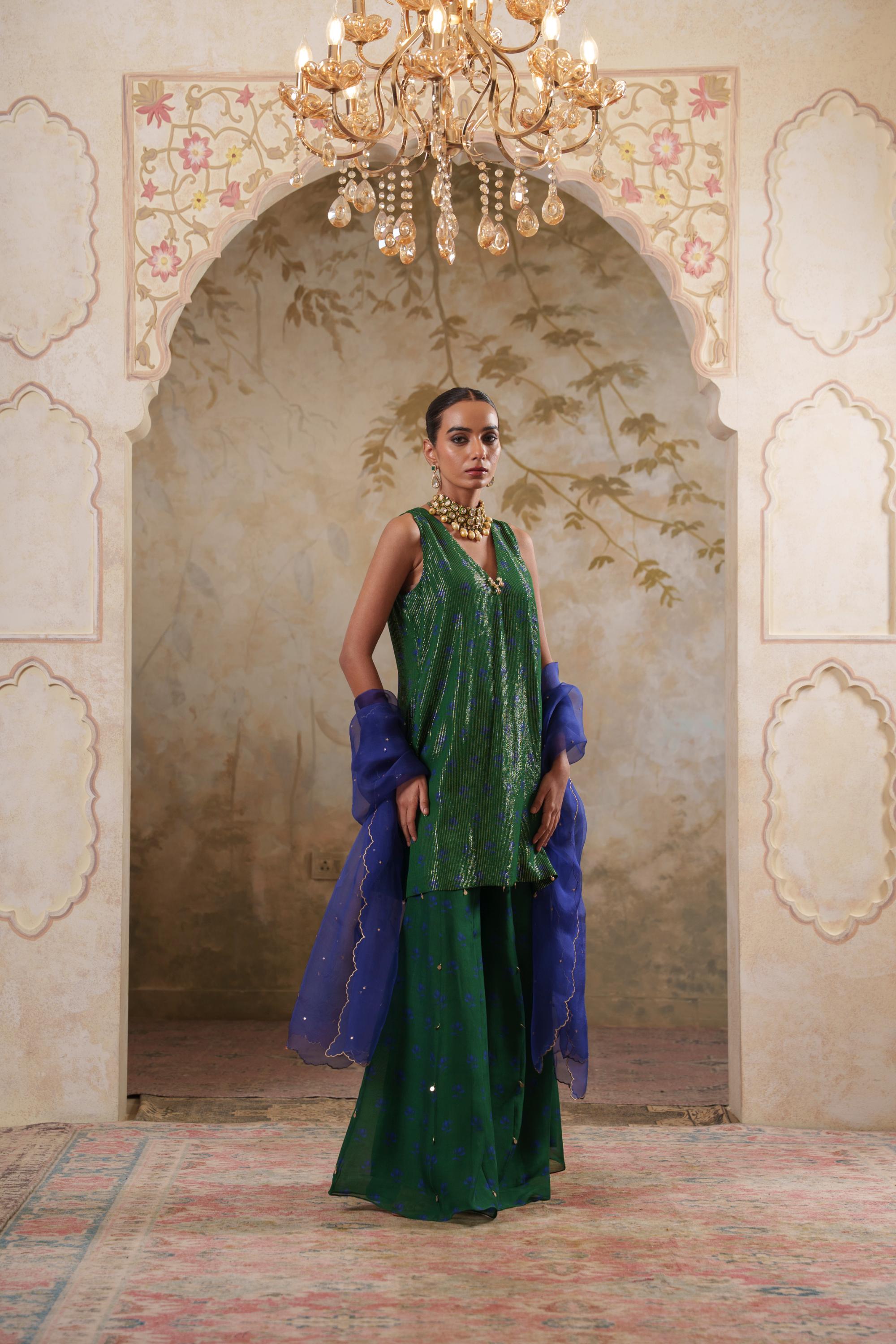 Maya: Green Short Kurta with Sharara & Dupatta Set