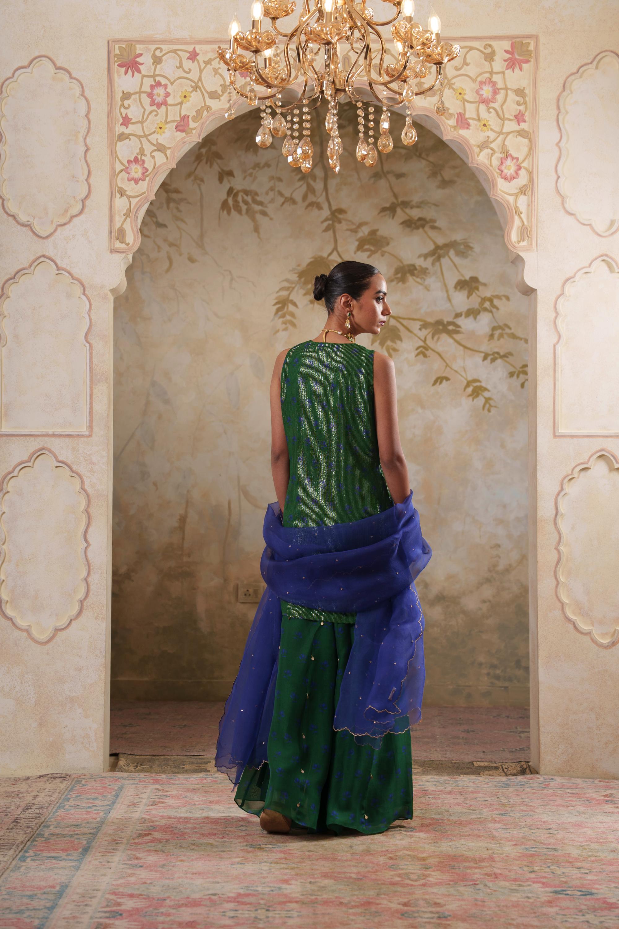 Maya: Green Short Kurta with Sharara & Dupatta Set