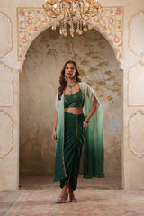 Maya: Green Ombre Embroidred Cape W/Blouse & Drape Skirt