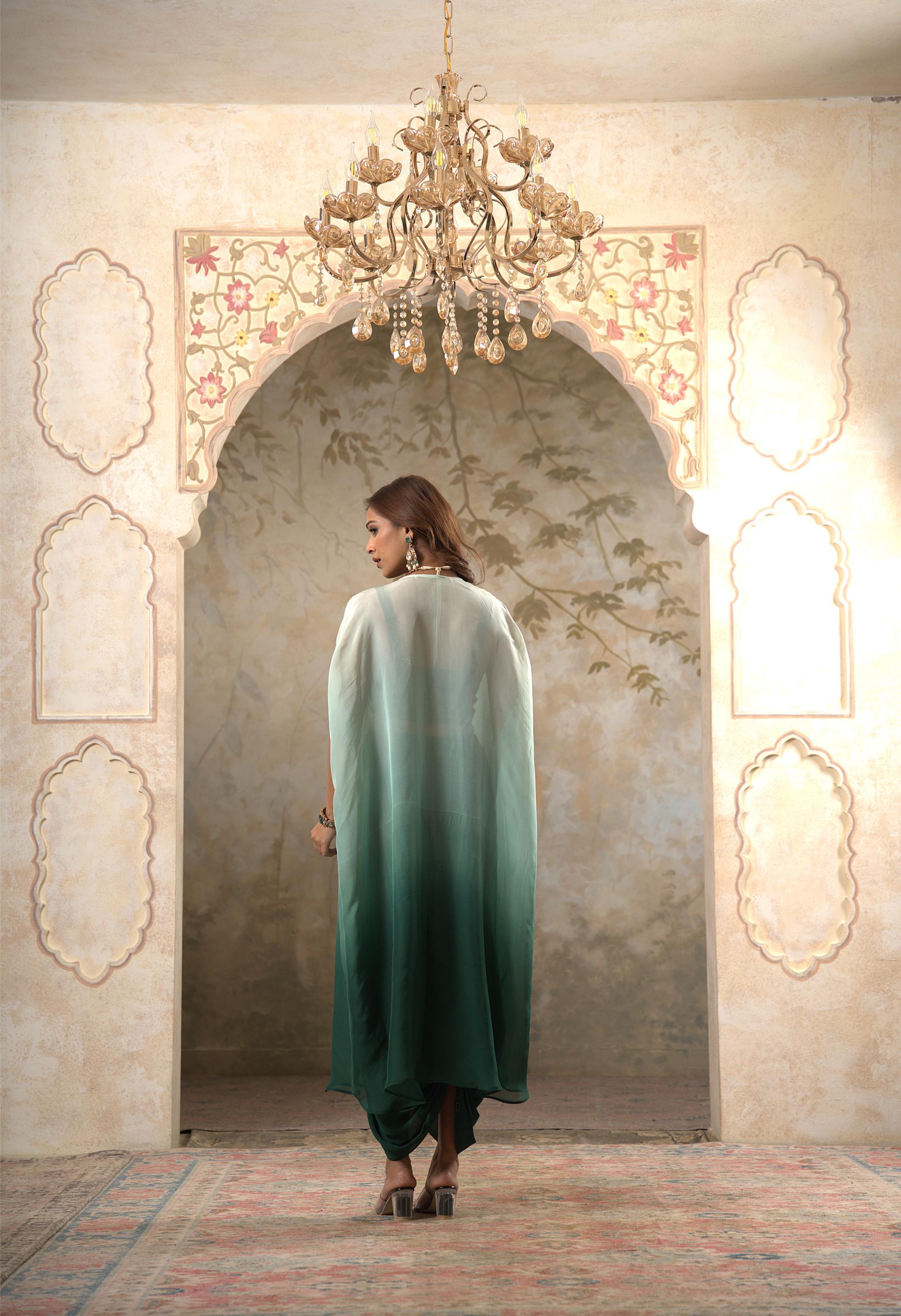 Maya: Green Ombre Embroidred Cape W/Blouse & Drape Skirt