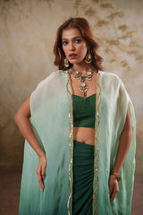 Maya: Green Ombre Embroidred Cape W/Blouse & Drape Skirt