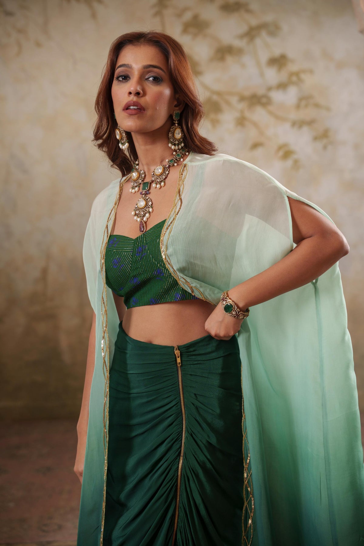 Maya: Green Ombre Embroidred Cape W/Blouse & Drape Skirt