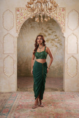 Maya: Green Ombre Embroidred Cape W/Blouse & Drape Skirt