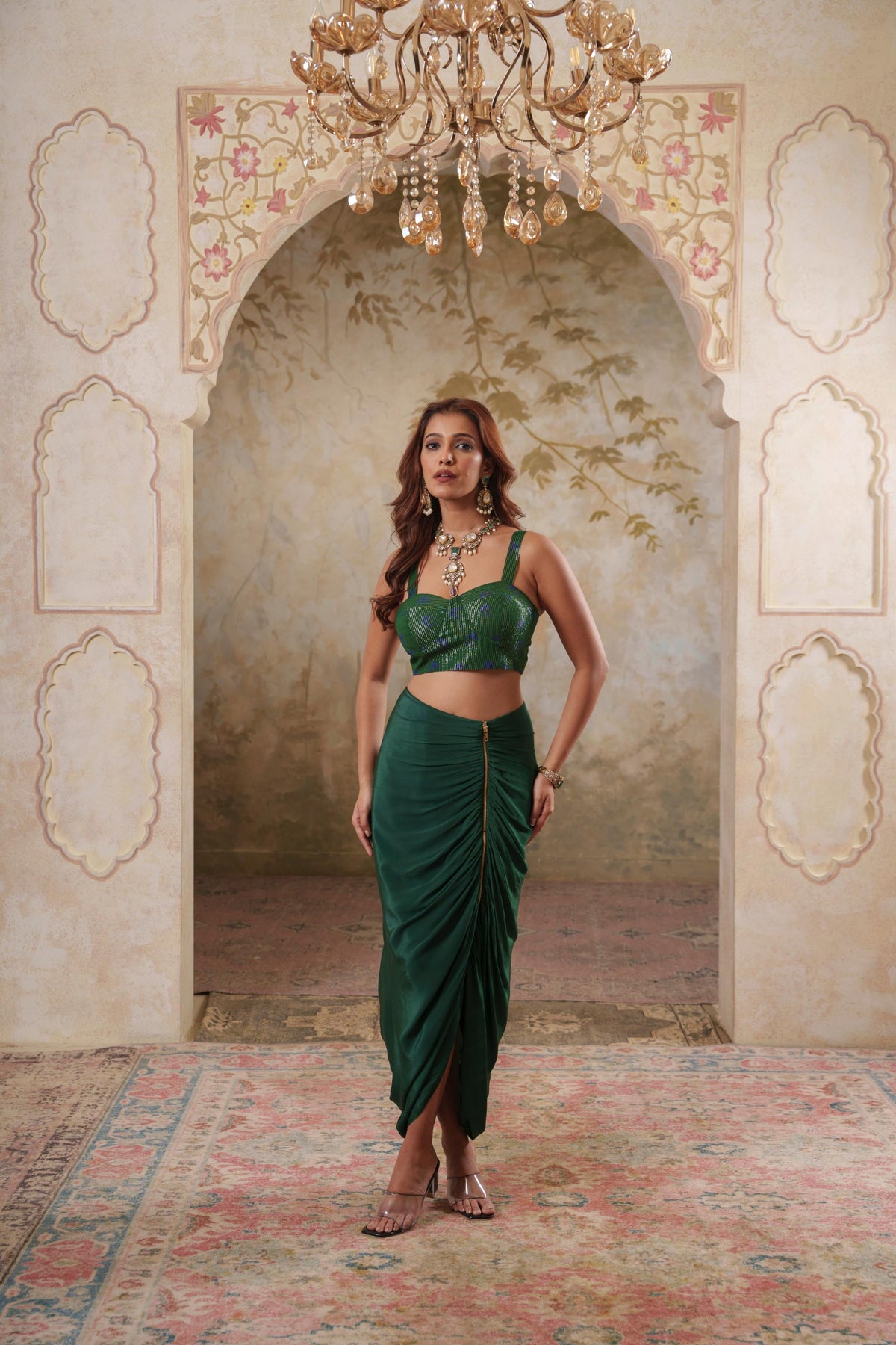Maya: Green Ombre Embroidred Cape W/Blouse & Drape Skirt