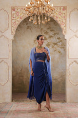 Maya: Blue Ombre Embroidred Cape W/Blouse & Drape Skirt