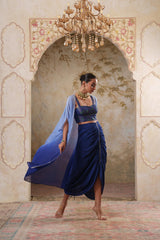 Maya: Blue Ombre Embroidred Cape W/Blouse & Drape Skirt