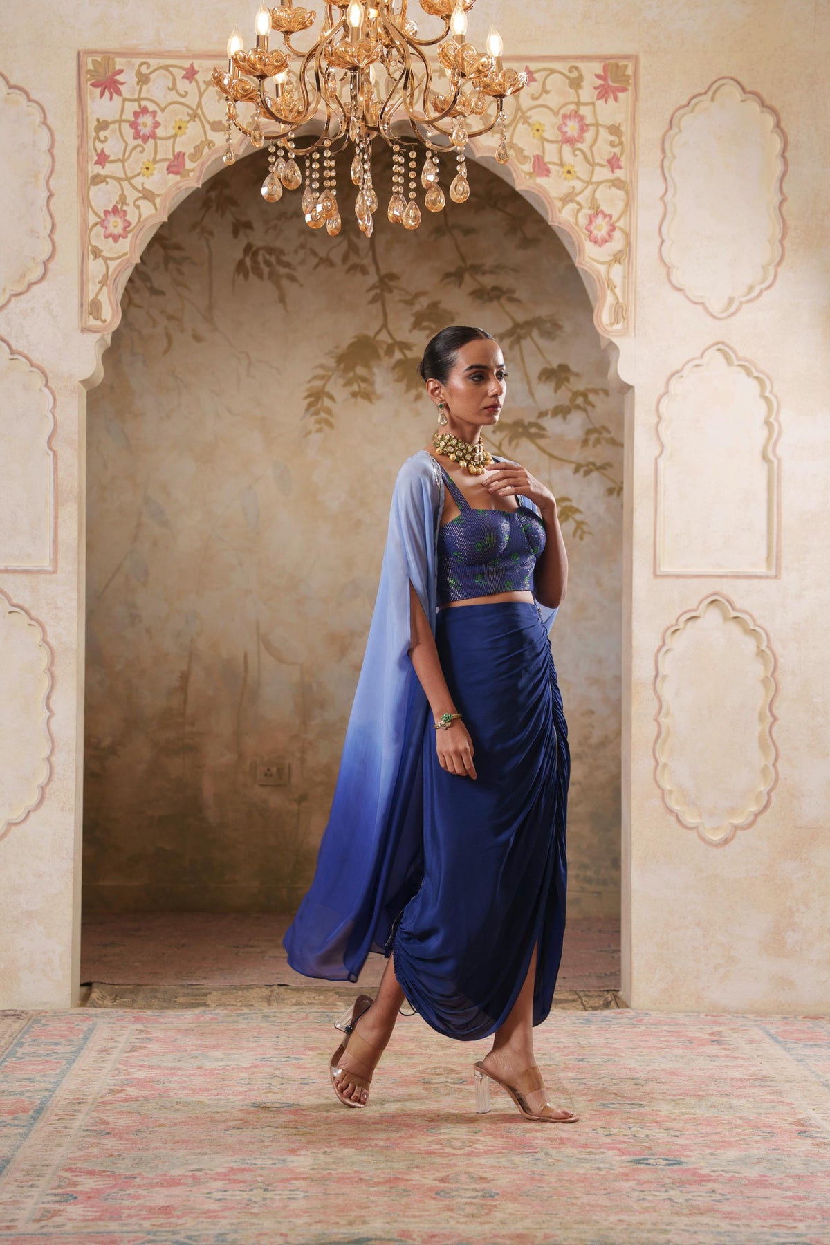 Maya: Blue Ombre Embroidred Cape W/Blouse & Drape Skirt