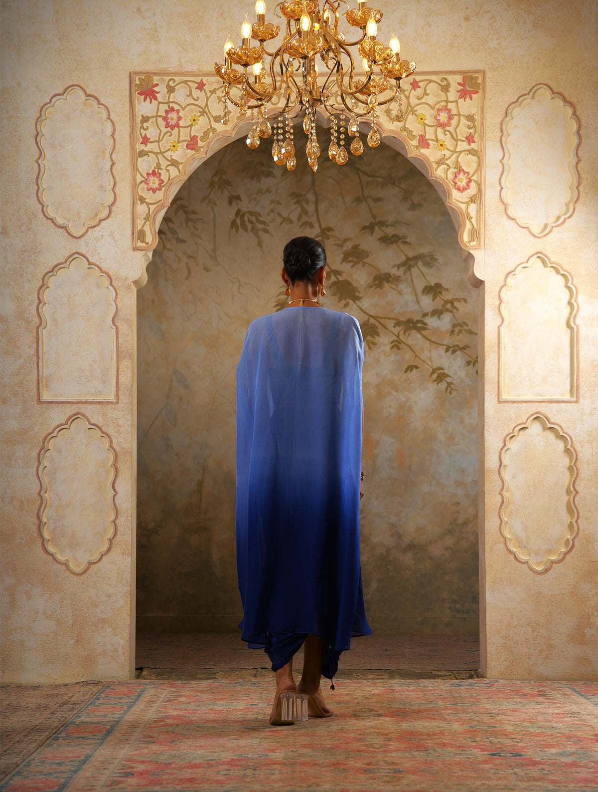 Maya: Blue Ombre Embroidred Cape W/Blouse & Drape Skirt