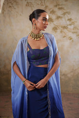 Maya: Blue Ombre Embroidred Cape W/Blouse & Drape Skirt