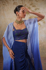 Maya: Blue Ombre Embroidred Cape W/Blouse & Drape Skirt