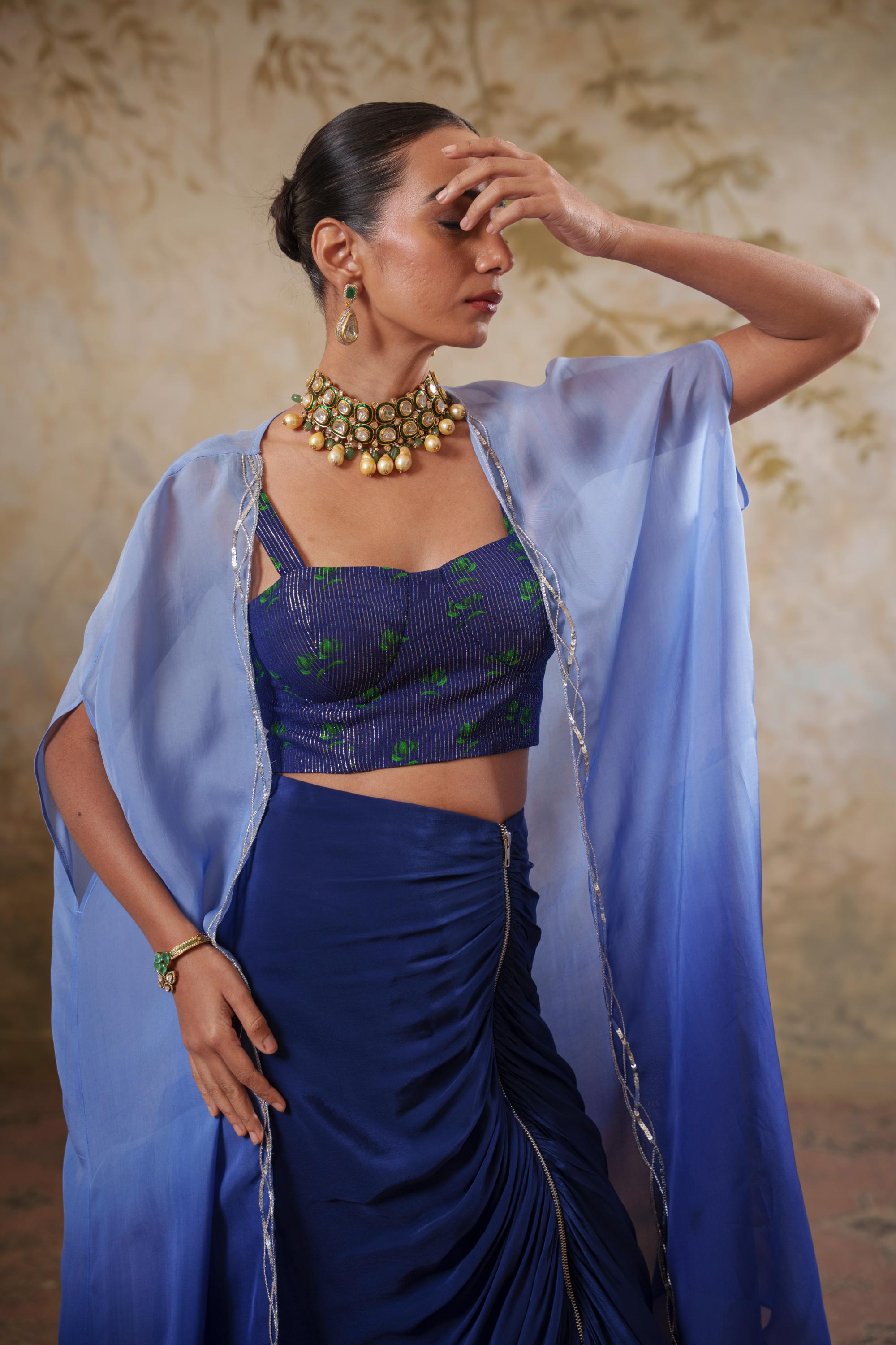 Maya: Blue Ombre Embroidred Cape W/Blouse & Drape Skirt