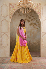 Maya: Yellow Digital Printed Embroidered Lehenga with Blouse & Dupatta