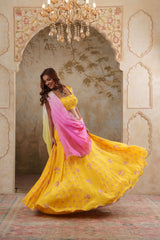 Maya: Yellow Digital Printed Embroidered Lehenga with Blouse & Dupatta