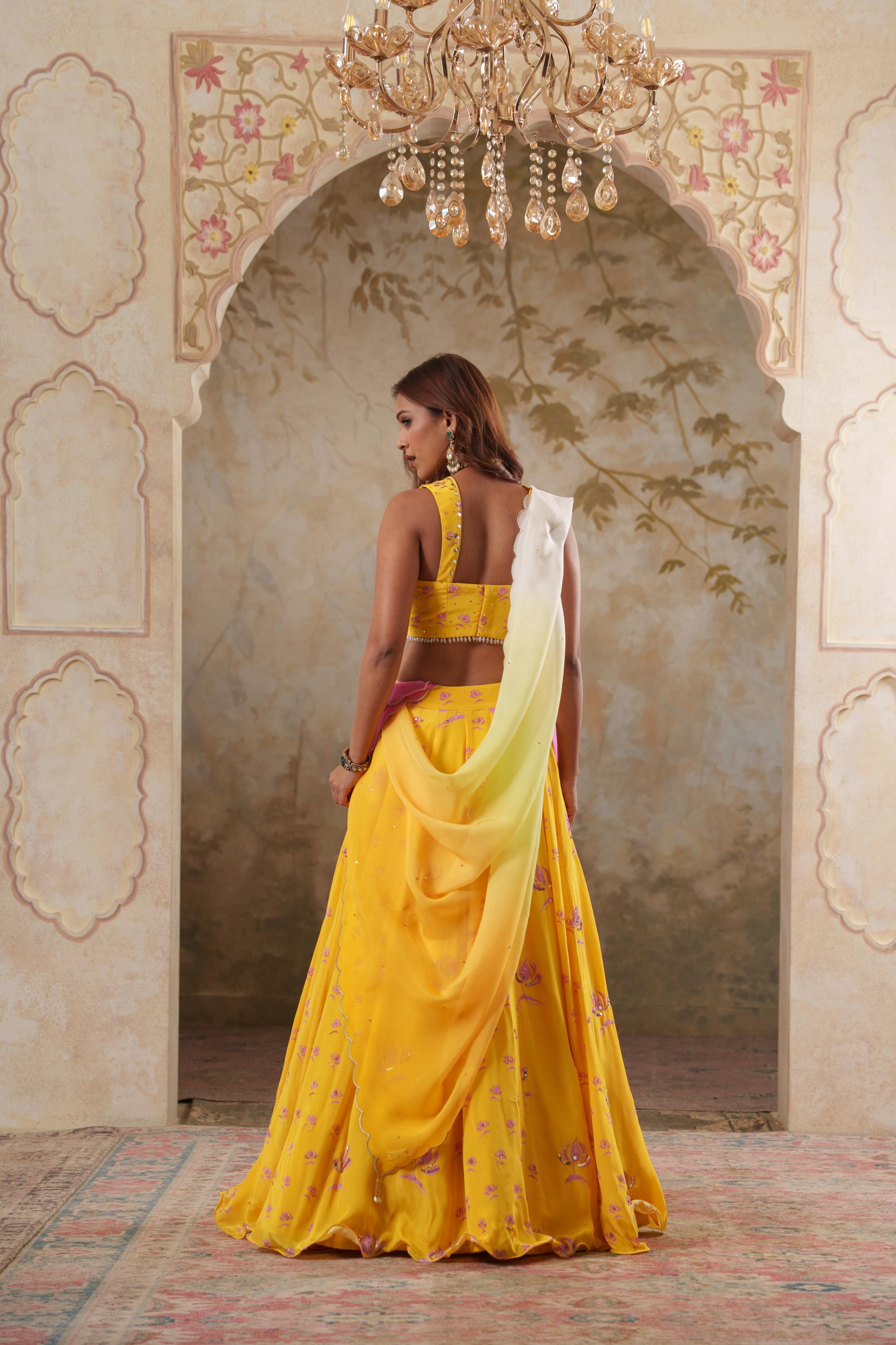 Maya: Yellow Digital Printed Embroidered Lehenga with Blouse & Dupatta